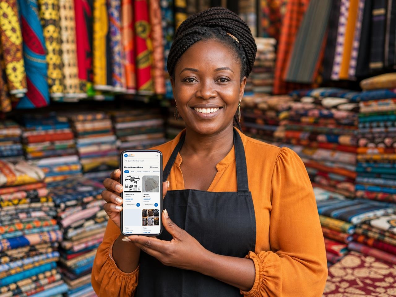 Commerçante africaine présentant sa boutique en ligne sur son téléphone